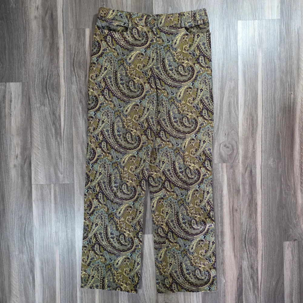 Worth New York Women Olive Purple Paisley Straight Leg Pants Size 10 High Rise